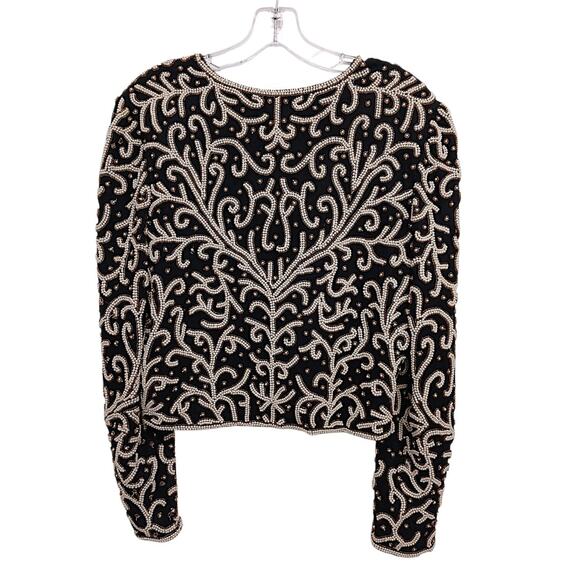 Vintage SILK Jacket Black White Pearls Sz SP Formal Holiday Party Glam Cropped - Picture 4 of 16